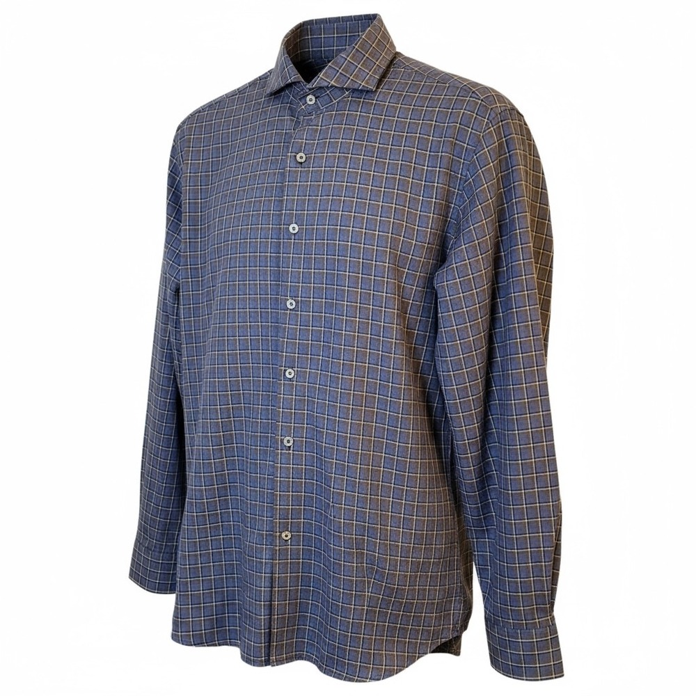 Johnnie O Top Shelf Button Up Shirt Mens Medium Blue Plaid Long Sleeve EUC